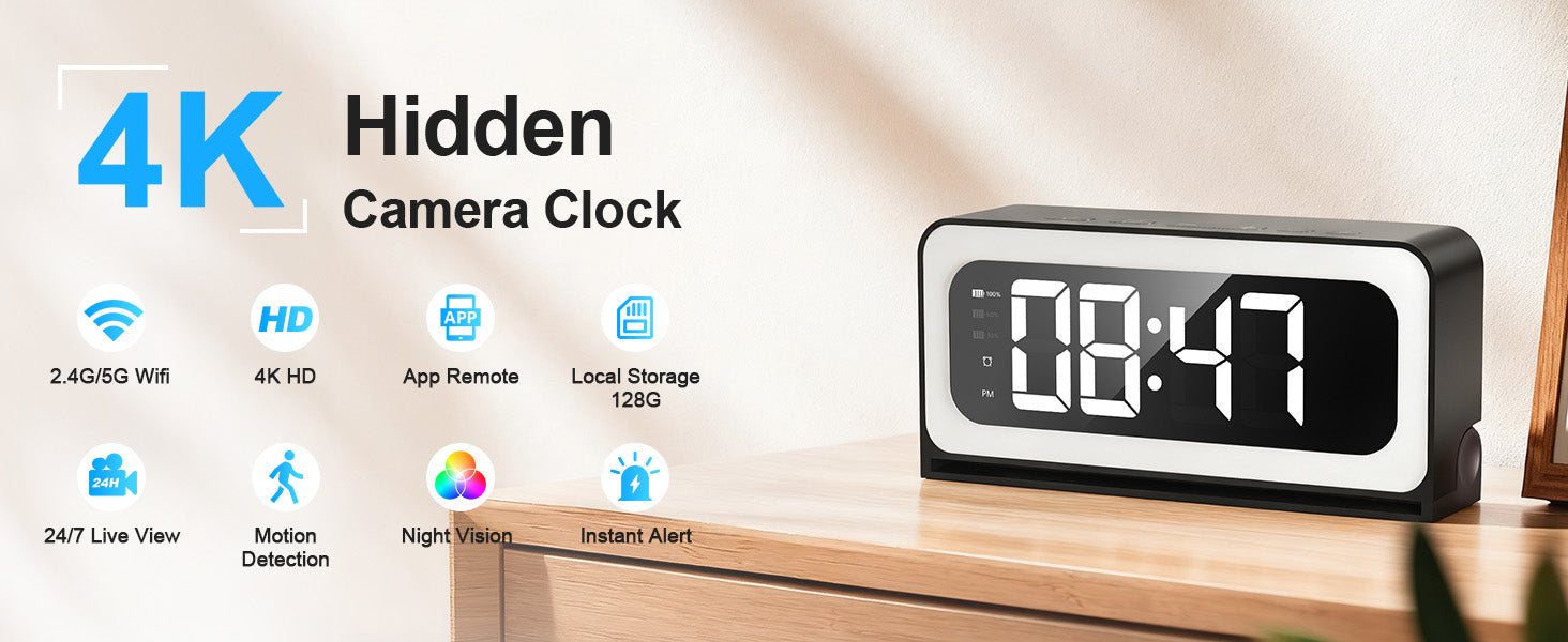 Wireless Alarm Clock - Wifi Control - Night Vision Home Surveillance Monitor