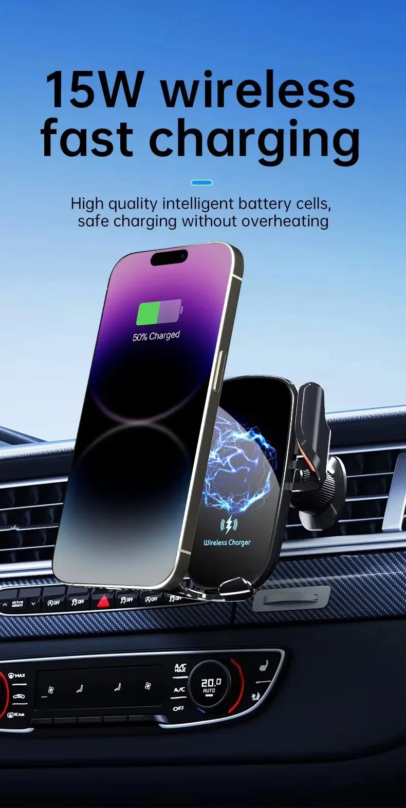 Wireless Car Charger - Air Vent Fast Charging Phone Holder in Car - compatible with iPhone + Android