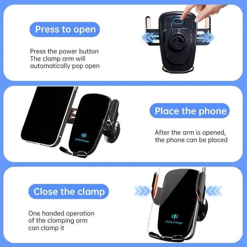 Wireless Car Charger - Air Vent Fast Charging Phone Holder in Car - compatible with iPhone + Android