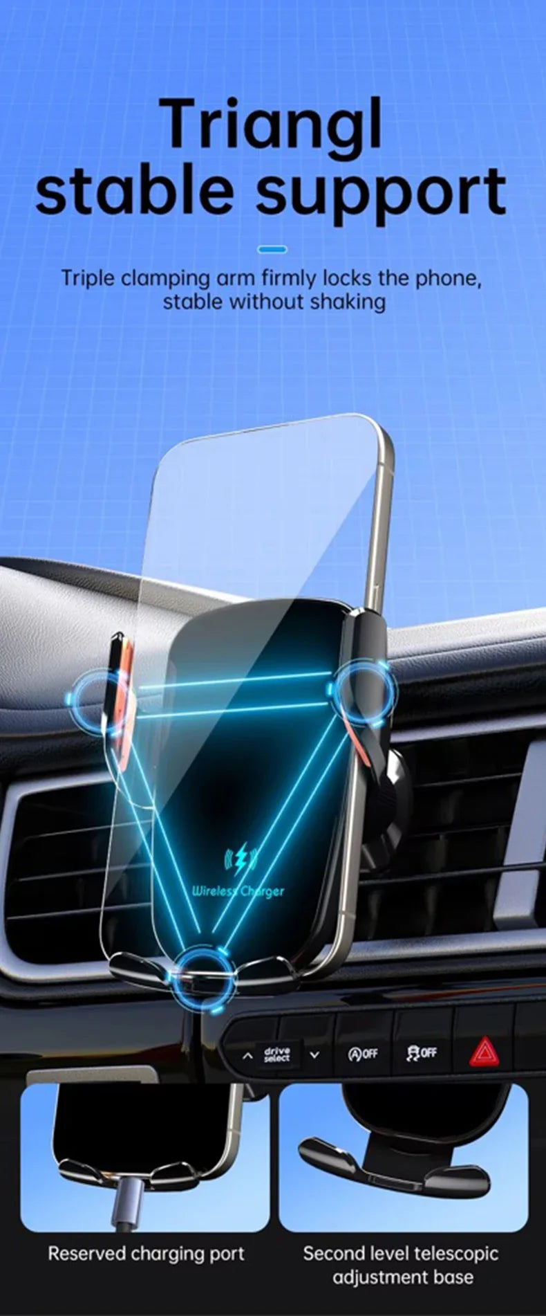 Wireless Car Charger - Air Vent Fast Charging Phone Holder in Car - compatible with iPhone + Android