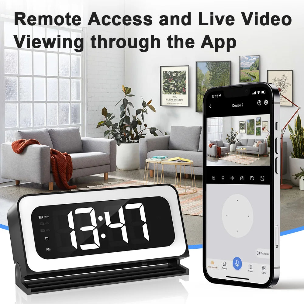 Wireless Alarm Clock - Wifi Control - Night Vision Home Surveillance Monitor