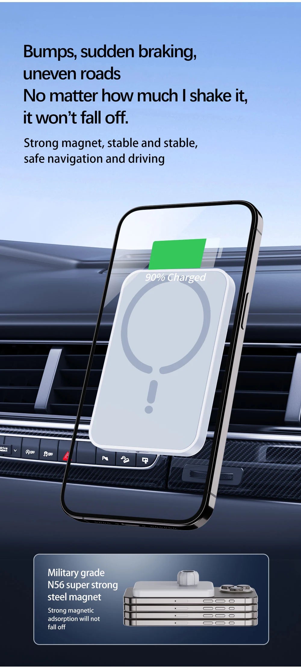 Car Phone Holder + Mount - Magnetic Wireless Charger