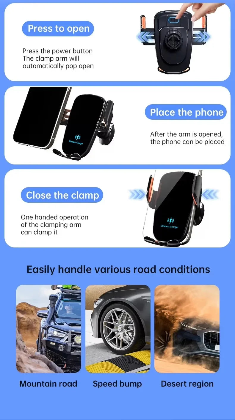 Wireless Car Charger - Air Vent Fast Charging Phone Holder in Car - compatible with iPhone + Android