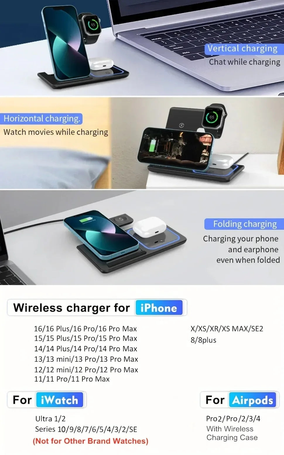 Foldable 3 In 1 Magnetic Wireless Dock Station - Compatible with any devices